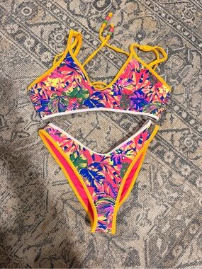 Maaji Cherry Red Brille tropical and hot pink reversible bikini